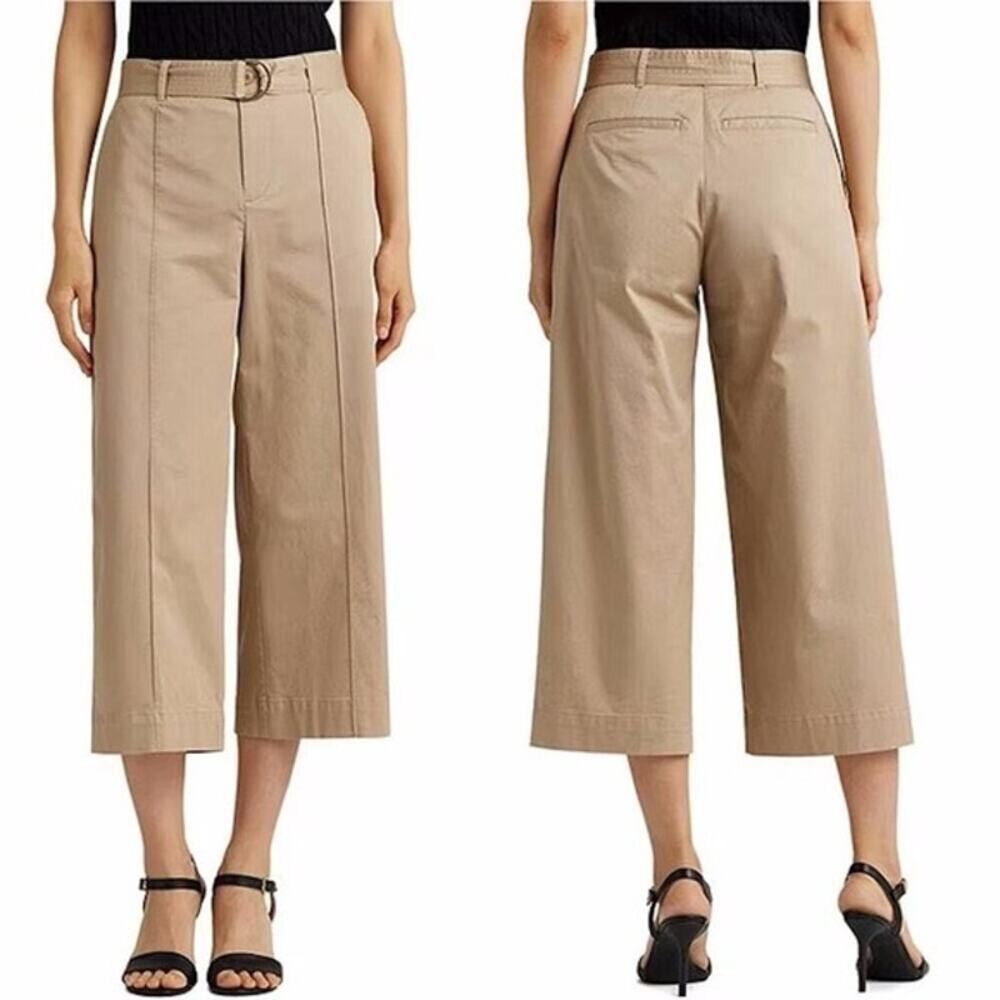 NWOT LAUREN RALPH LAUREN Pants Women 12 Tan Wide Leg Belt Cotton Twill Pleated